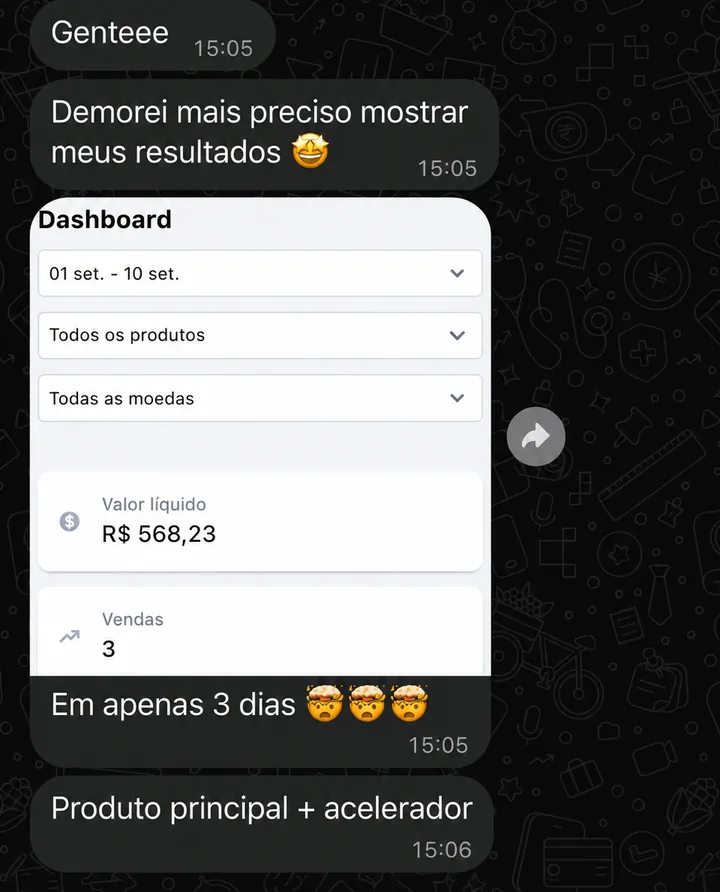 Mensagem da aluna Aline Santos: R$568,23 de valor líquido e 3 vendas em 3 dias.