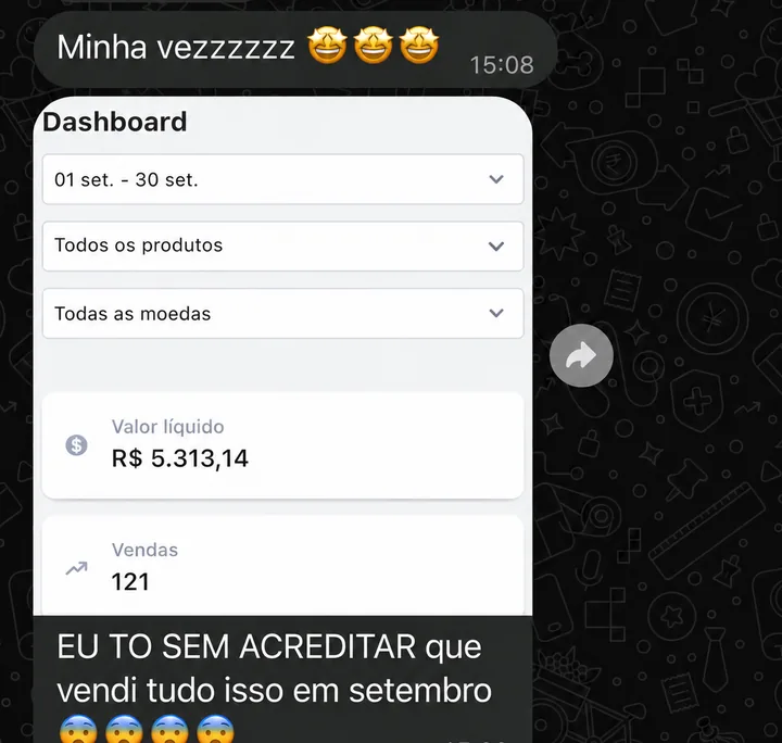Mensagem da aluna Evelin Souza: R$5.313,14 de valor líquido e 121 vendas em setembro.