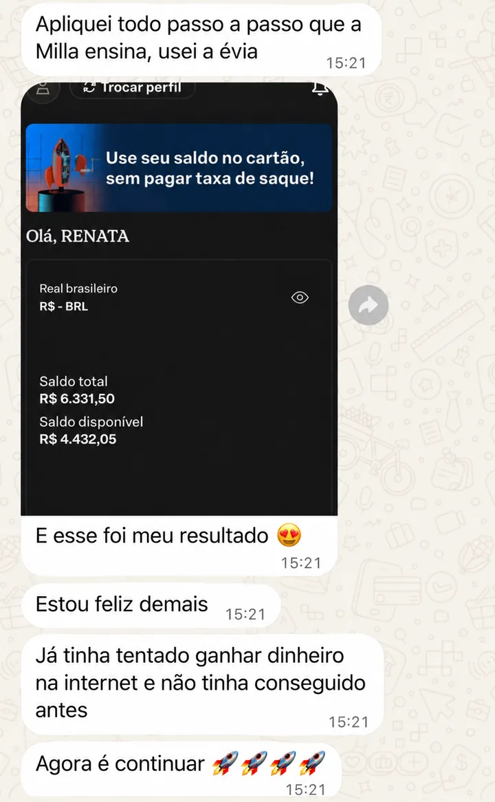 Mensagem da aluna Renata: saldo total de R$6.331,50 depois de aplicar o passo a passo com a Évia.